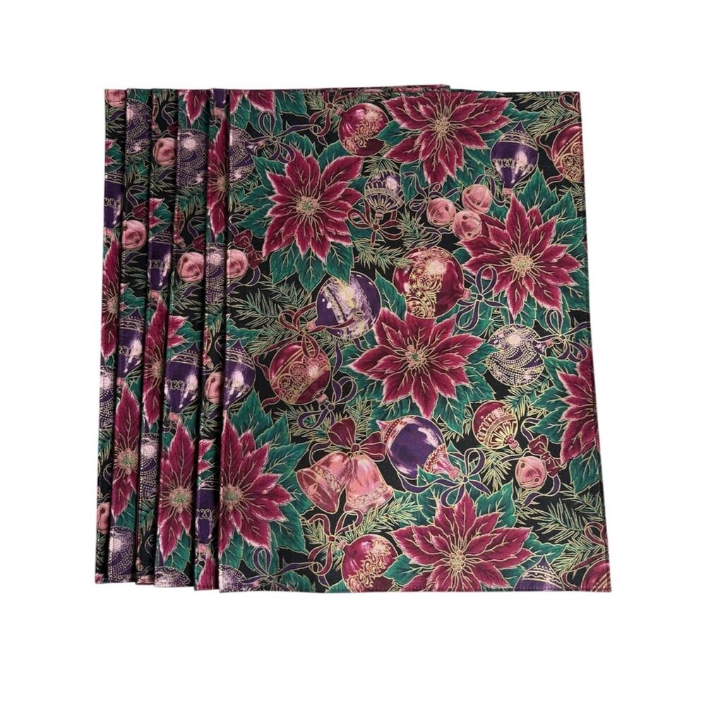 Vintage Christmas Poinsettia and Baubles Print Placemats Set of 6 Holiday Decor